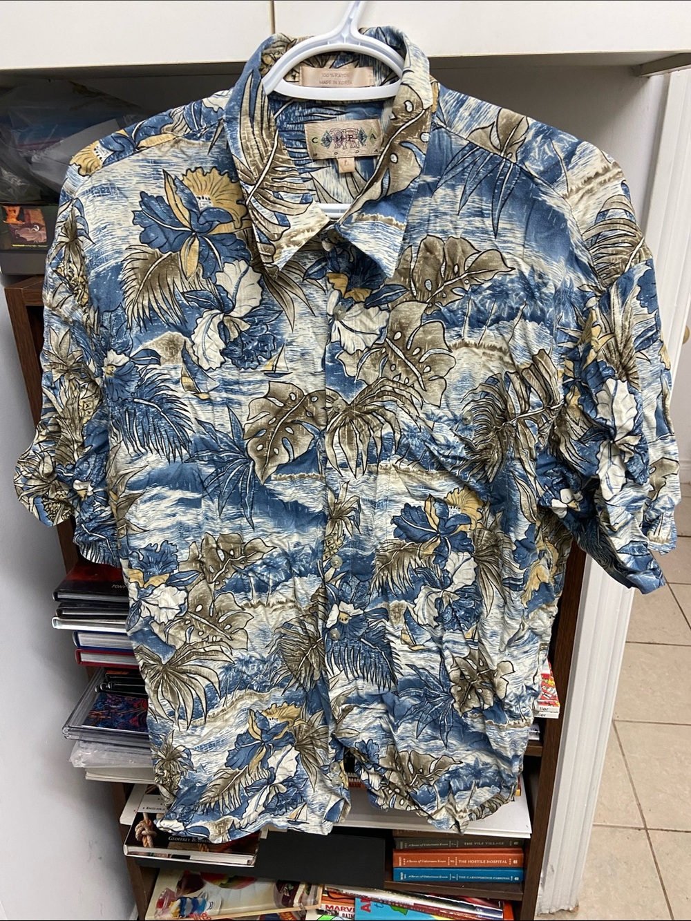 Campia Moda Short Sleeve Hawaiian Floral  Blue Shirt Men Size L Vintage